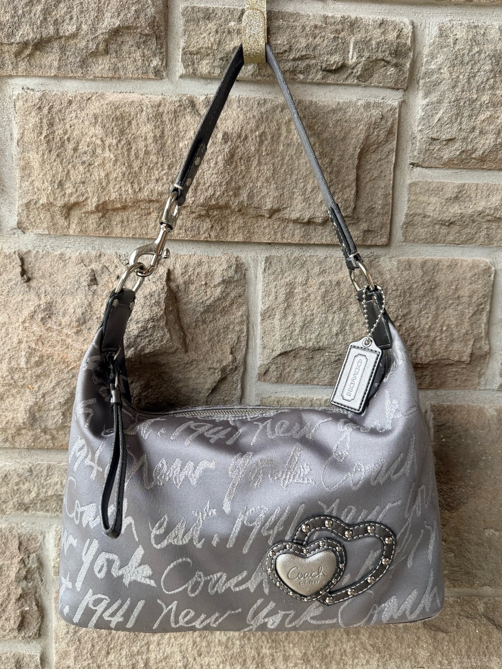 Coach Poppy Signature Script Lurex Hobo Bag Silver Grey Y2K